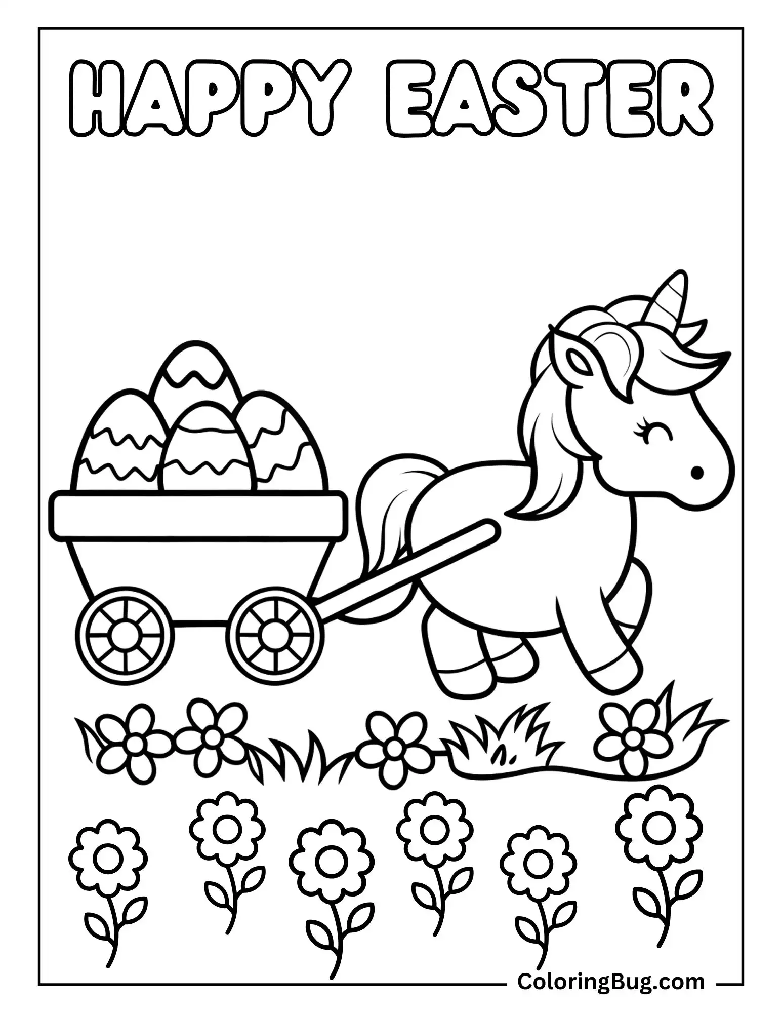 Baby Unicorn Pulling Cart of Easter Eggs Coloring sheet