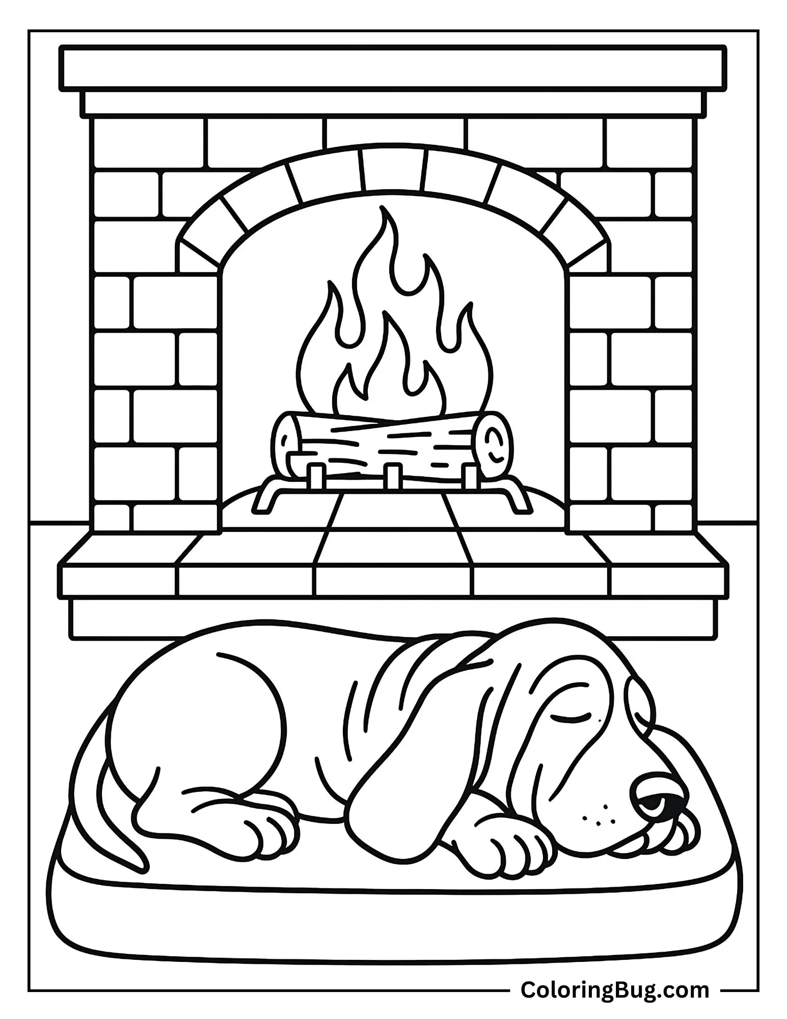 Basset Hound Sleeping by the Fireplace Coloring sheet