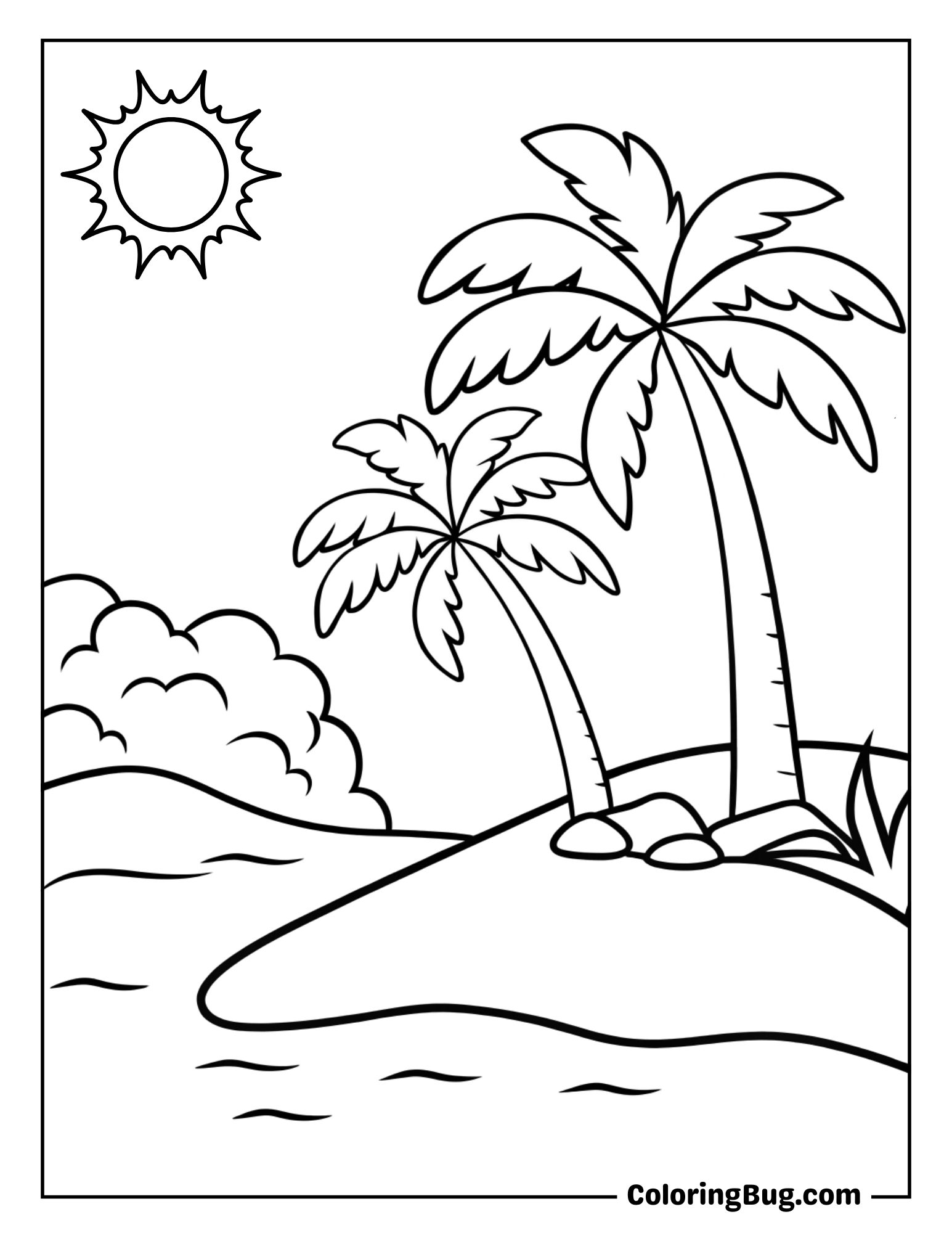 Beach Shoreline with Palm Trees Coloring Sheet