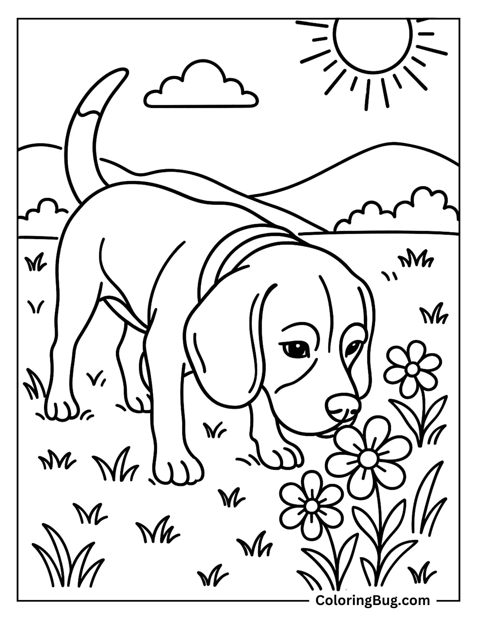 Beagle Sniffing Flowers in a Sunny Meadow Coloring sheet