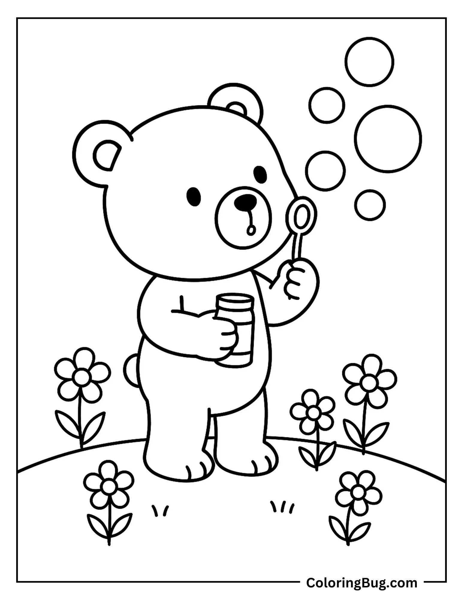 Bear Cub Blowing Bubbles in Meadow Coloring Sheet