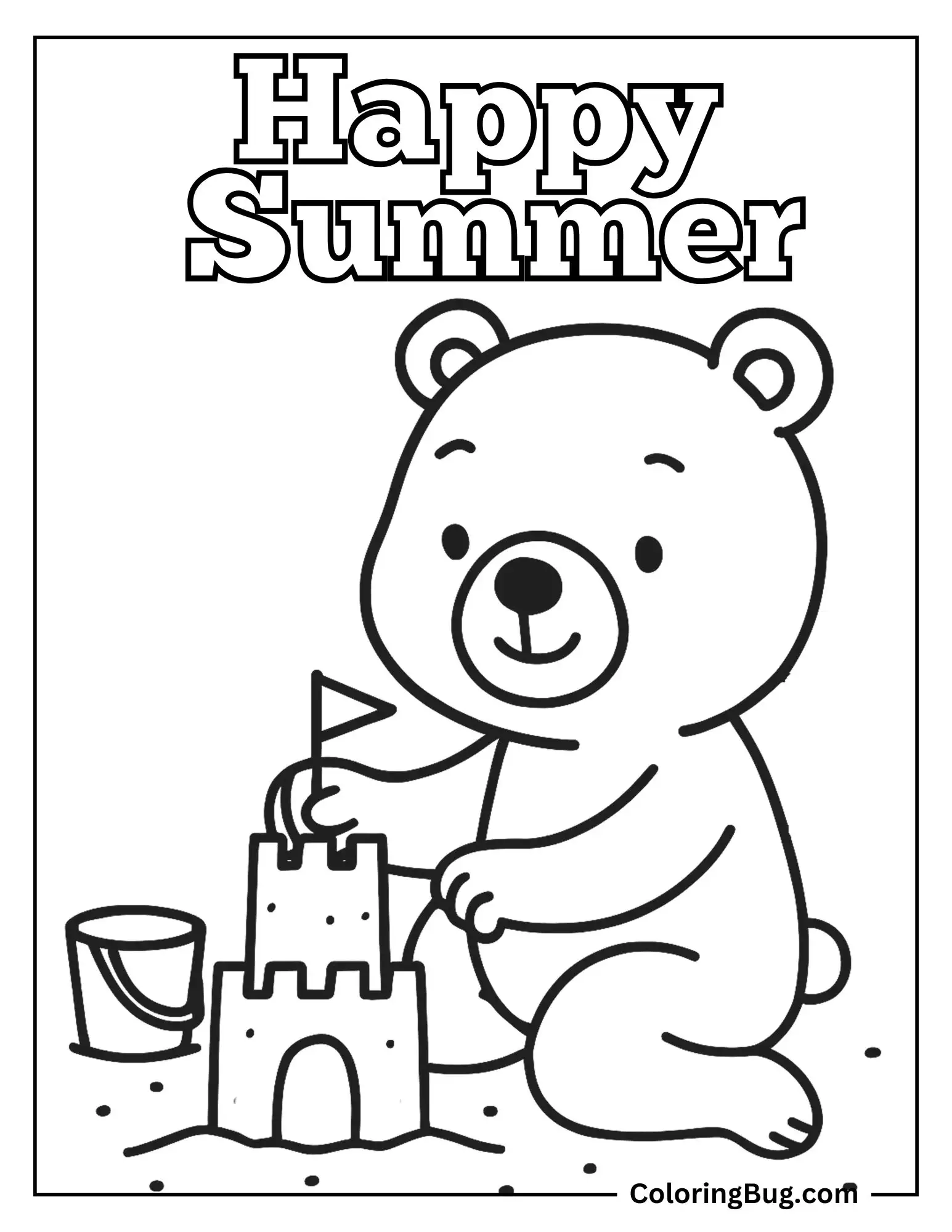 Bear Making Sand Castle on Beach Coloring Sheet