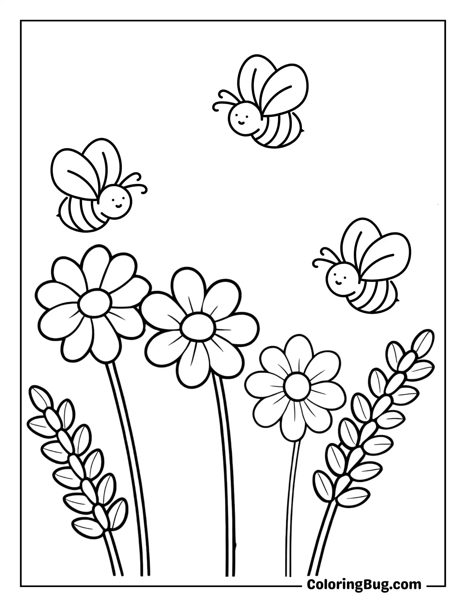 Bees in Summer Flower Garden Coloring Sheet