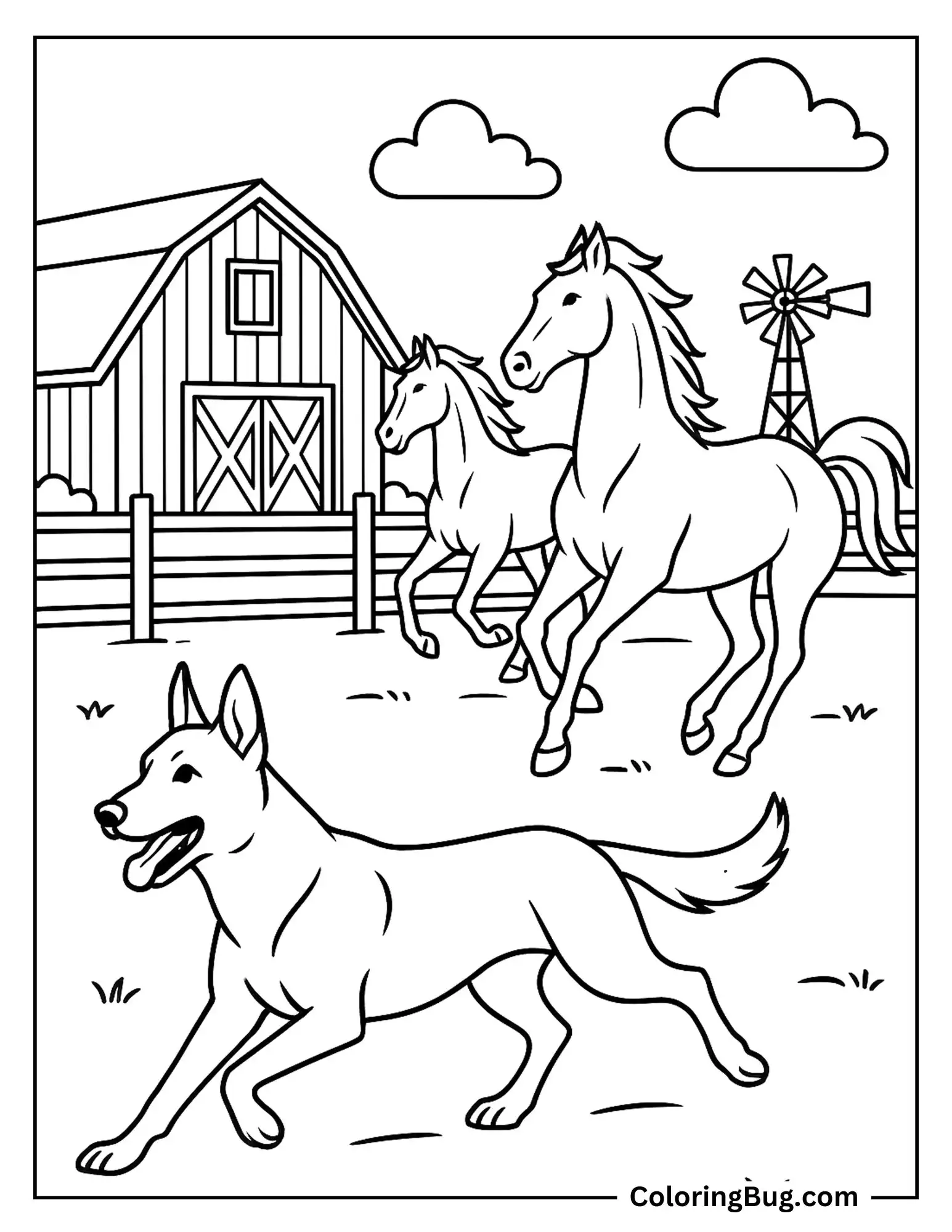 Belgian Malinois Running Beside Horses Coloring sheet