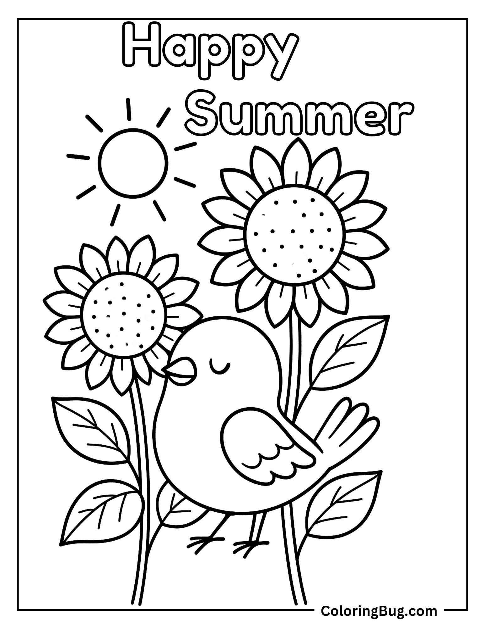Bird With Sun Flowers Coloring Sheet