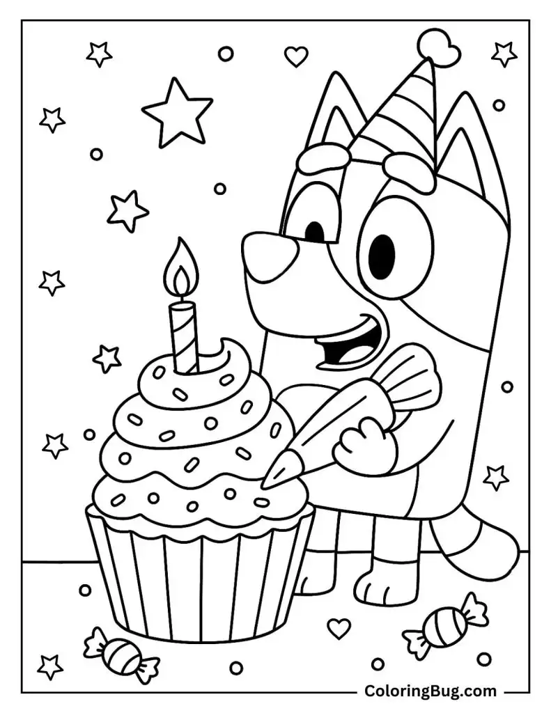 Bluey Decorating a Birthday Cupcake Coloring Page