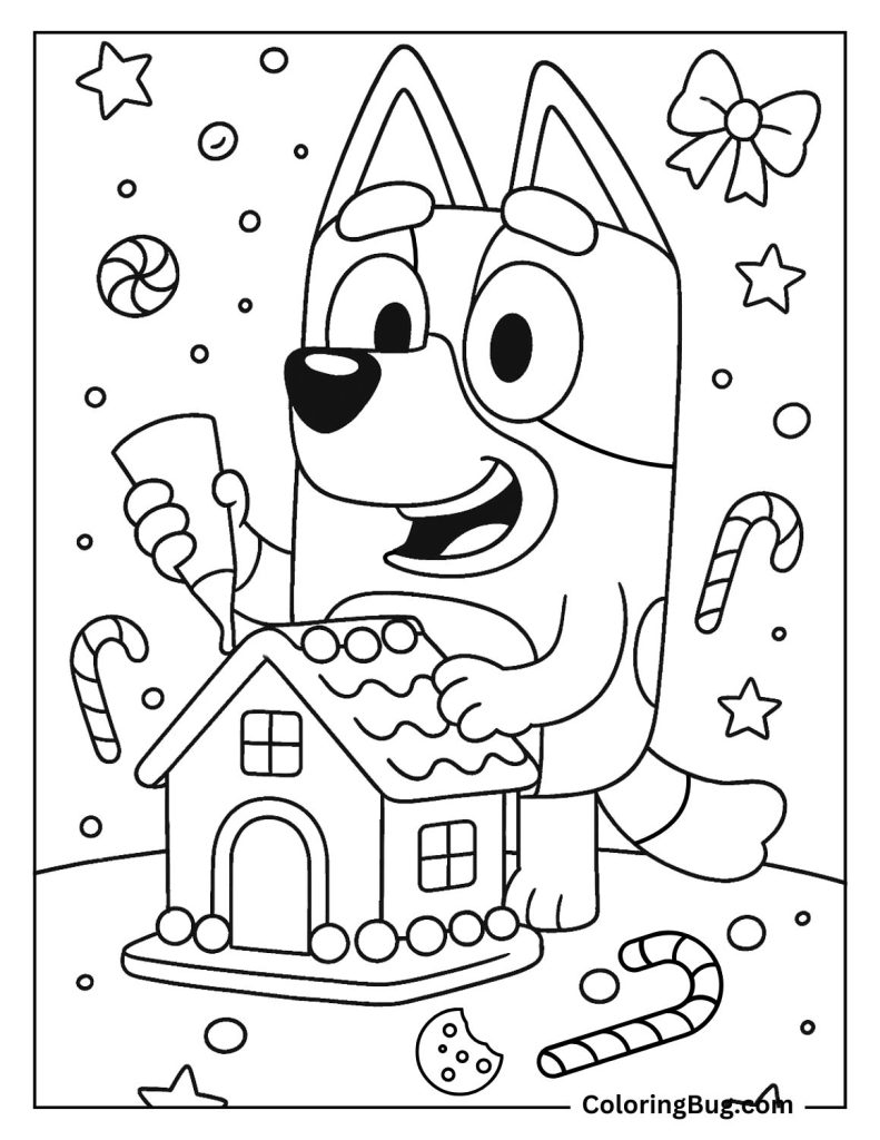 Bluey Decorating a Gingerbread House Coloring Page