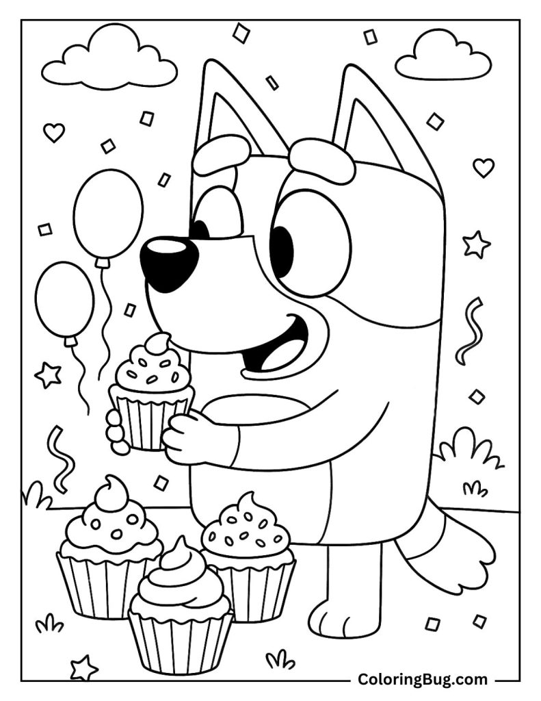 Bluey Eating Cupcakes Coloring Page