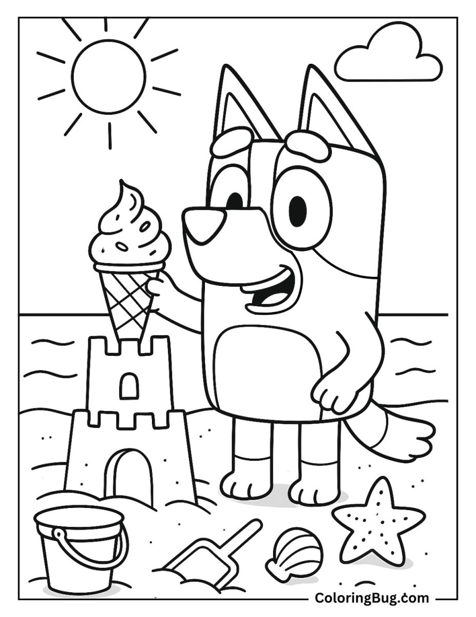 34 Bluey Summer Coloring Pages - Bluey Eating Ice Cream And Making Sand Castles Coloring Page 927x1200 
