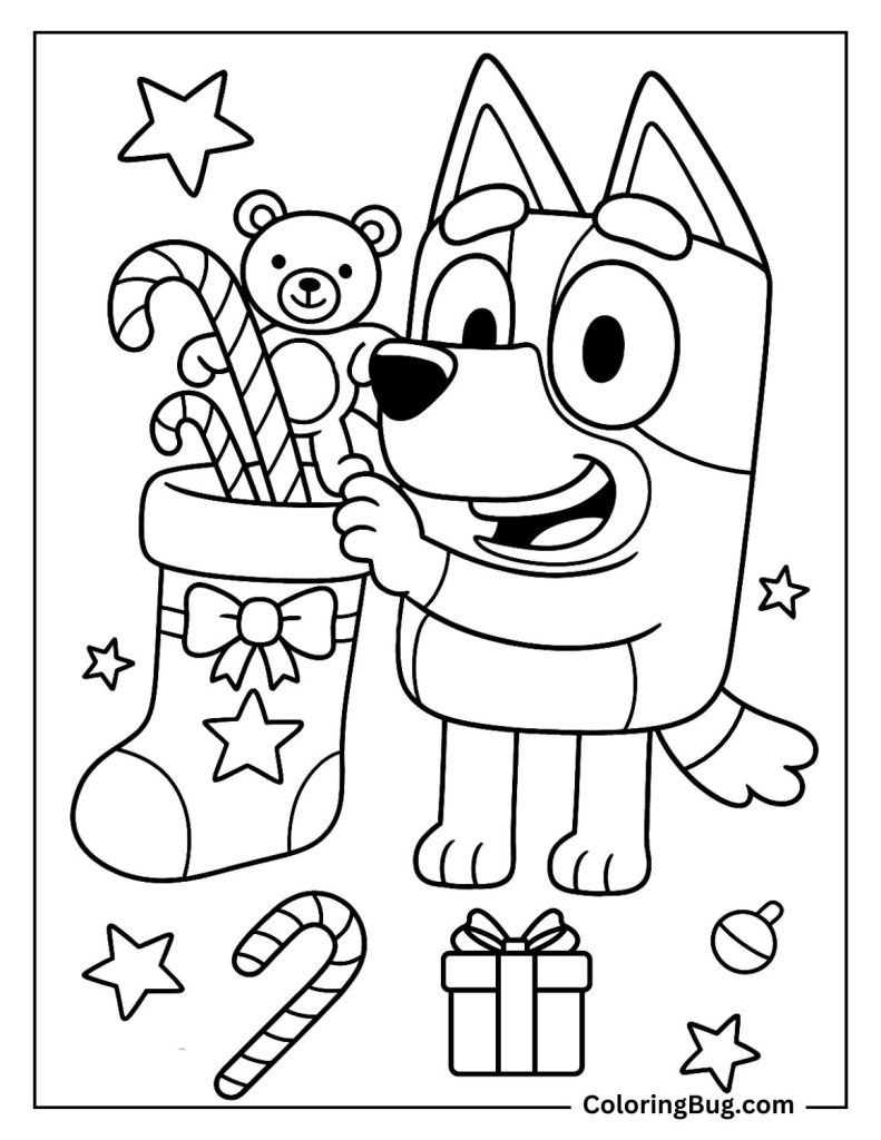Bluey Filling a Stocking With Toys and Candy Coloring Page