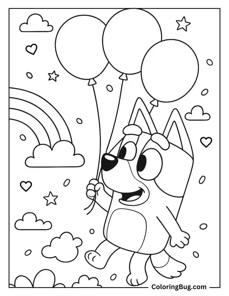Bluey Floating With Balloons Coloring Page