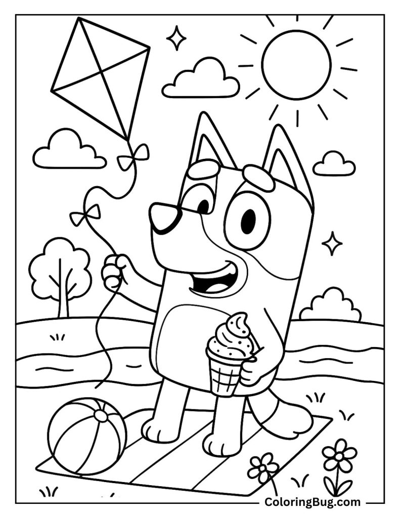 34 Bluey Summer Coloring Pages - Bluey Flying A Kite By The River Coloring Page 791x1024 