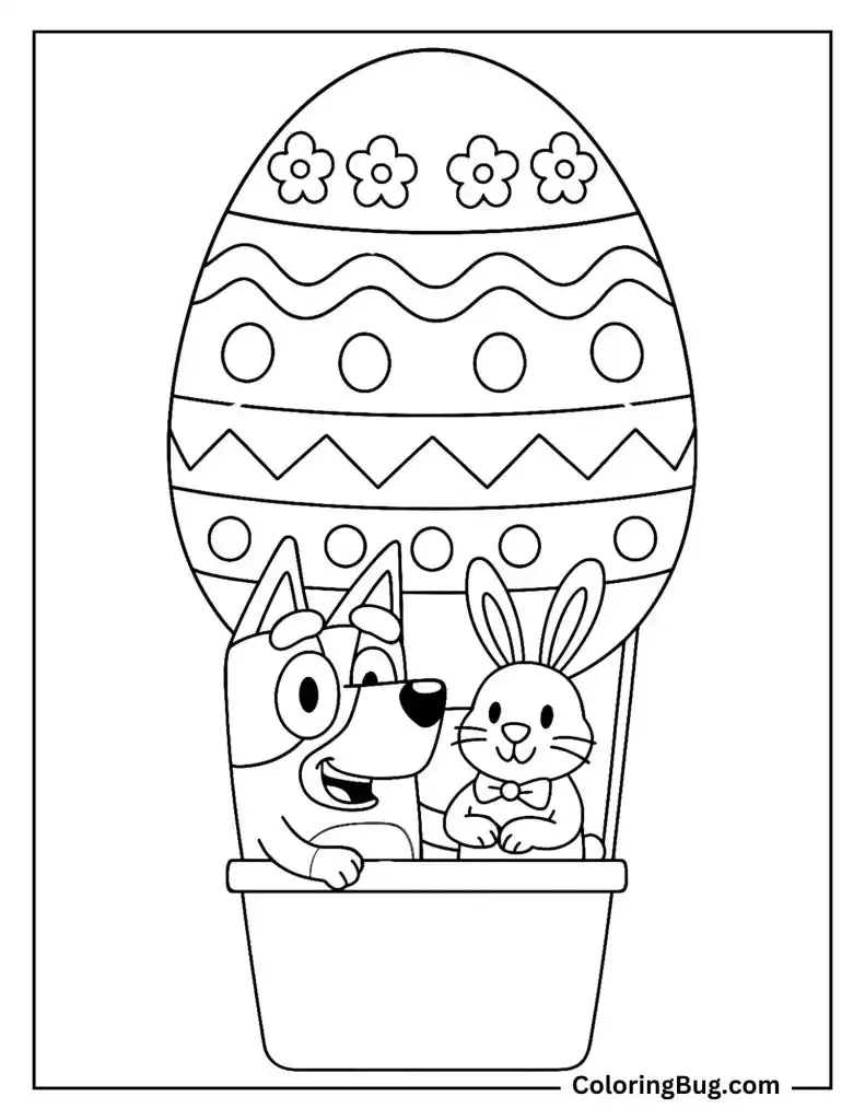 Bluey Flying in a Balloon Shaped Like an Easter Egg Coloring Page
