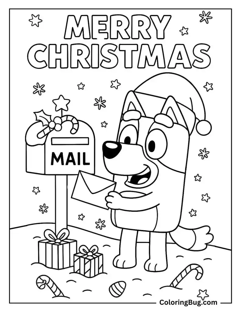 Bluey Getting the Mail on Christmas Day Coloring Page