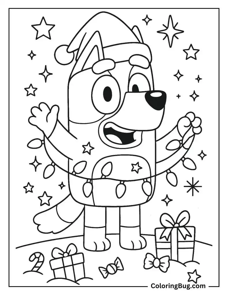 Bluey Holding Christmas Lights Coloring Page