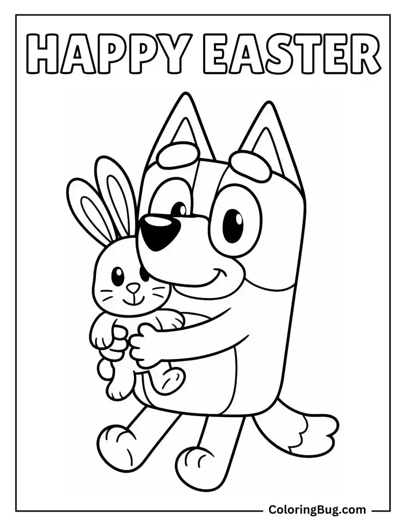 Bluey Holding Easter Bunny Teddy Coloring Page