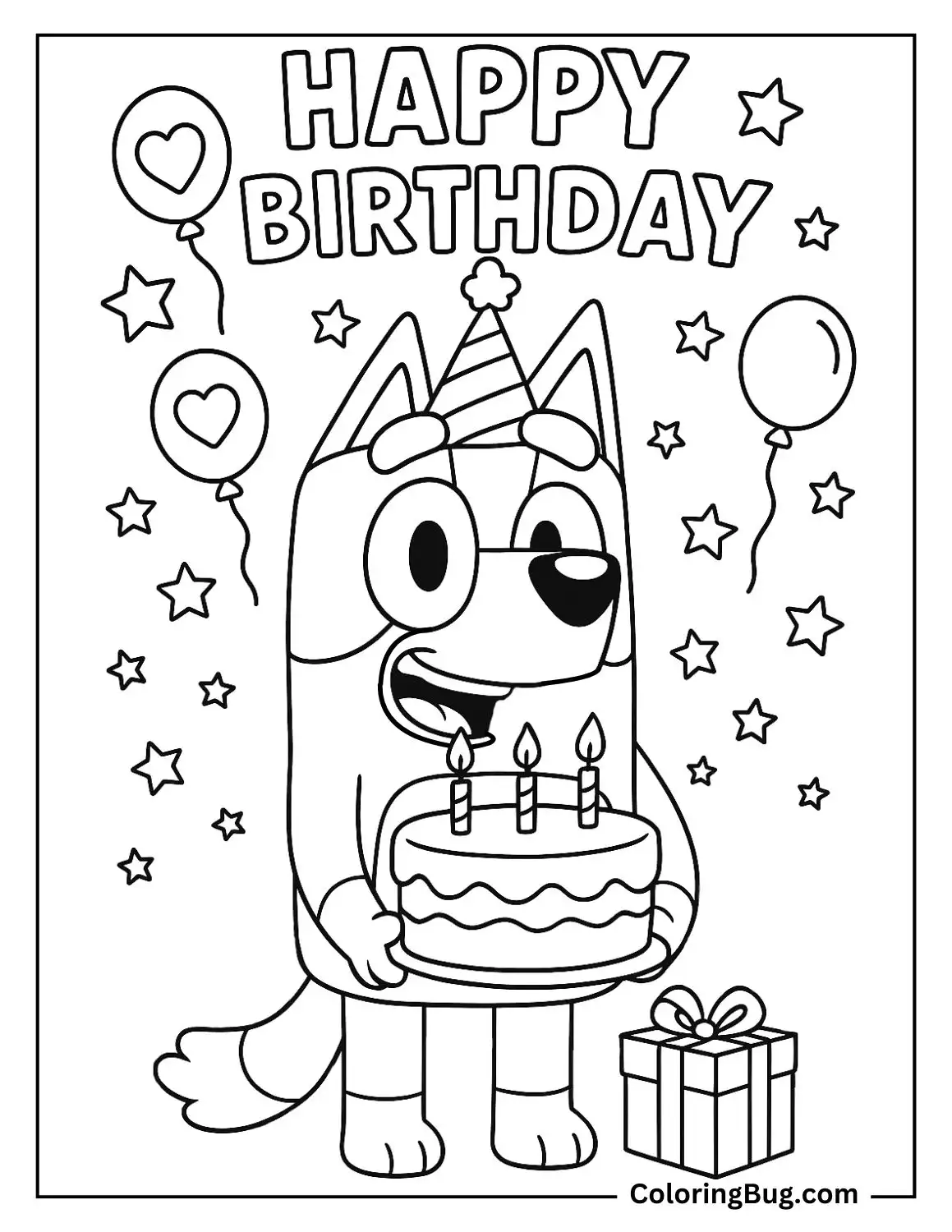 Bluey Holding a Birthday Cake Coloring Page