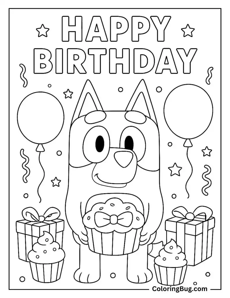 Bluey Holding a Large Cupcake Coloring Page