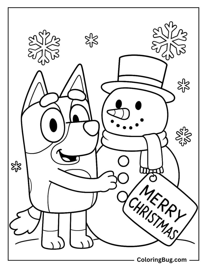Bluey Hugging a Snowman Coloring Page