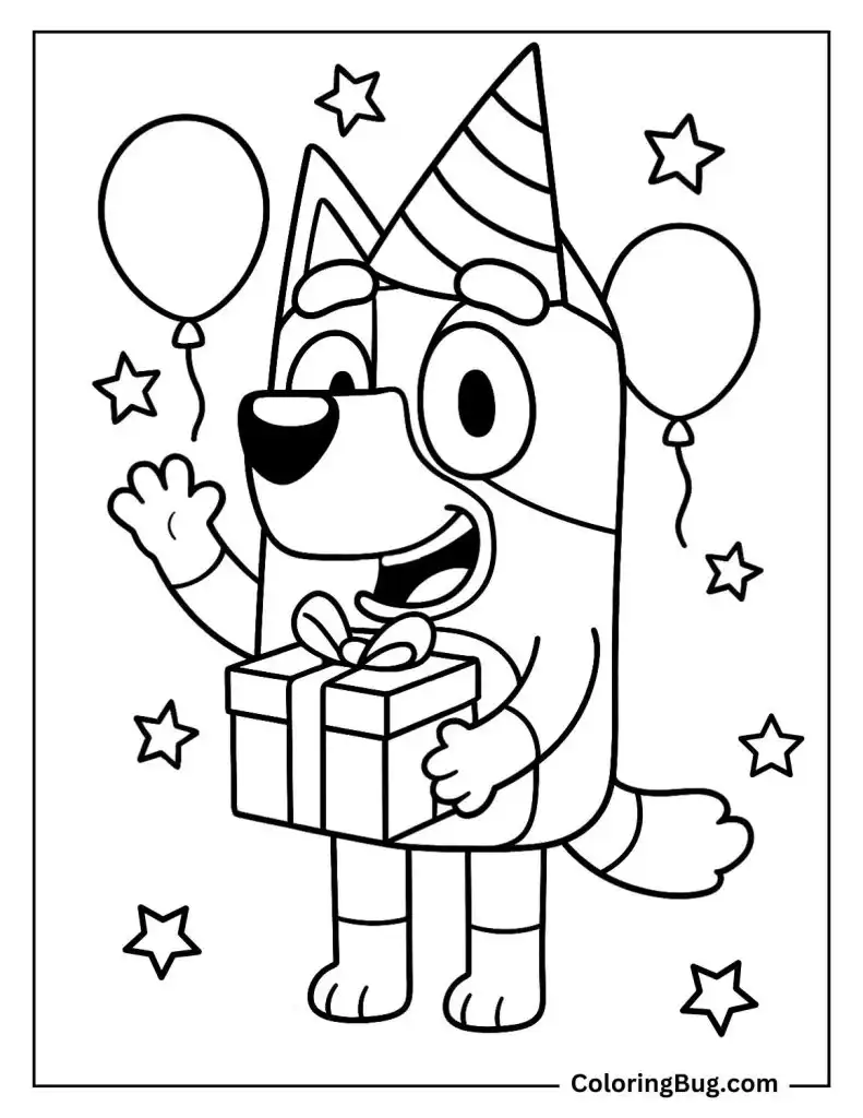 Bluey Smiling With Her Birthday Present Coloring Page