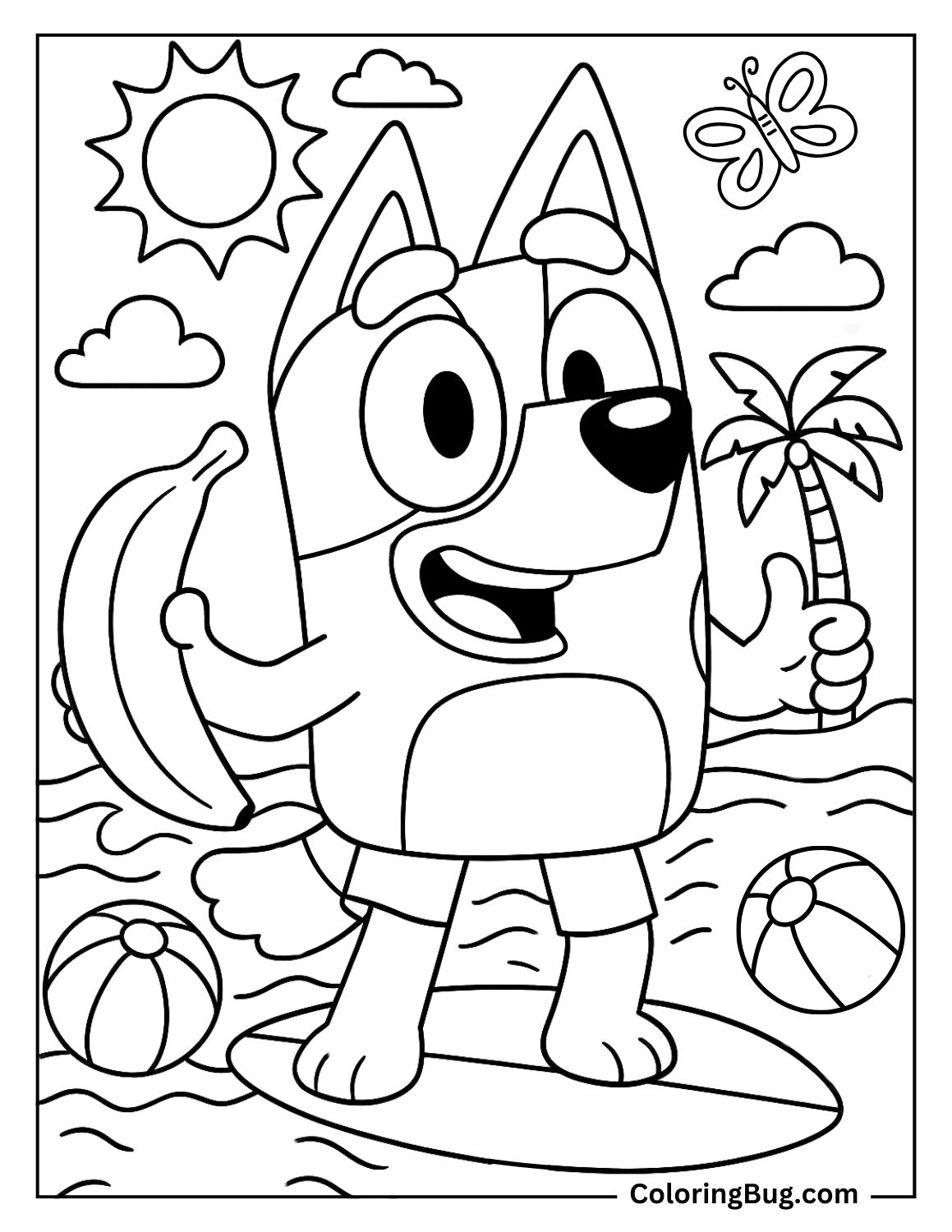 Bluey Surfing With a Banana Coloring Page