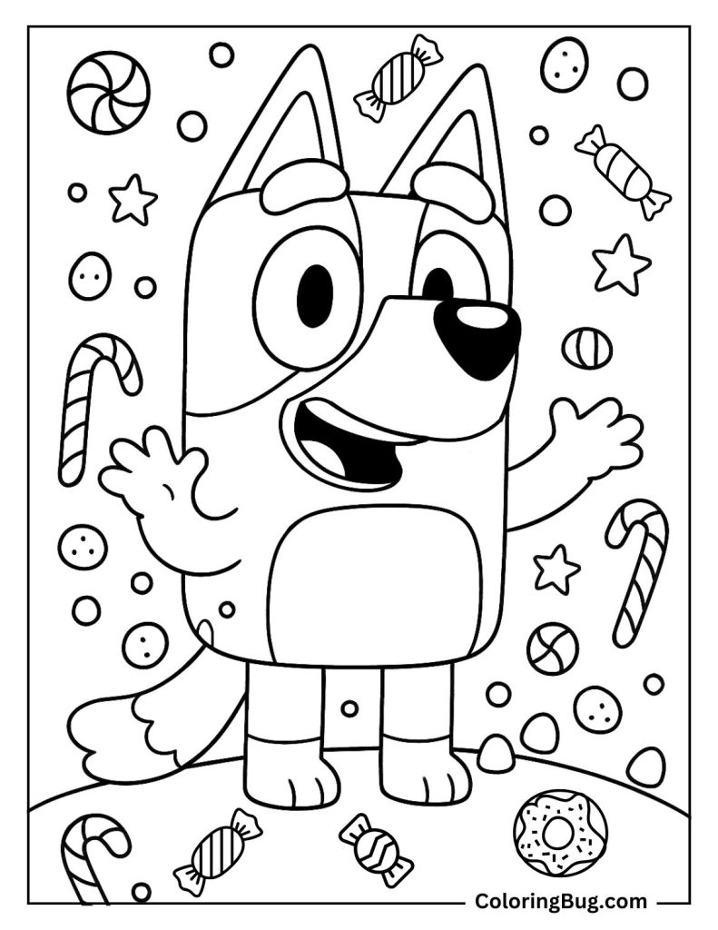 Bluey Surrounded by Tasty Christmas Candy Coloring Page