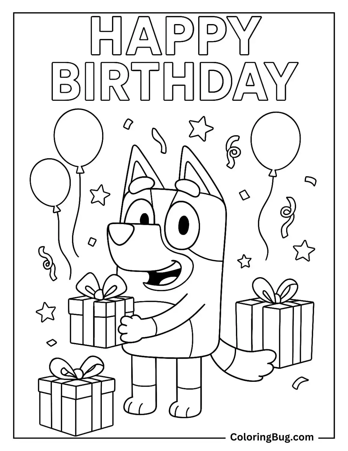 Bluey With Birthday Presents Coloring Page