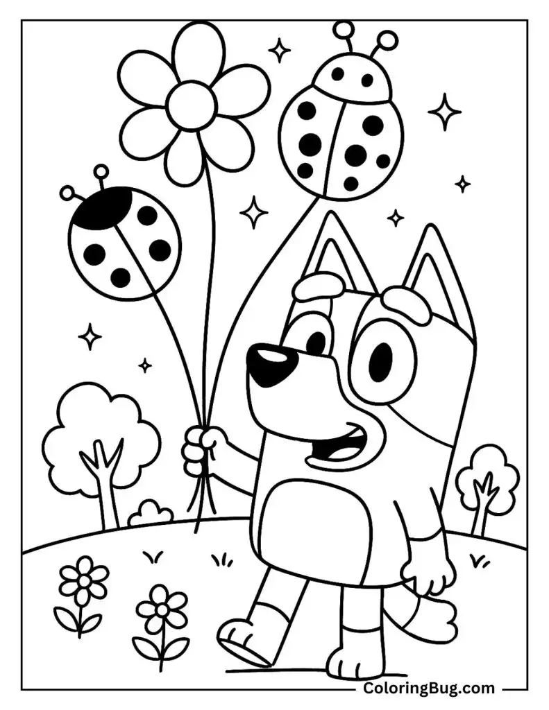 Bluey With Summertime Balloons Coloring Page