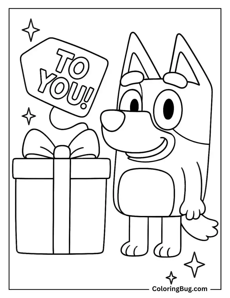 Bluey With a Big Present Coloring Page