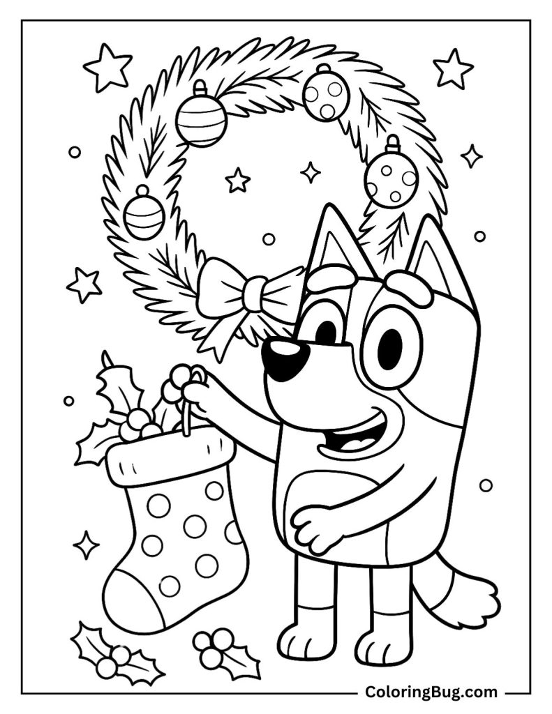 Bluey With a Wreath and Stocking Coloring Page