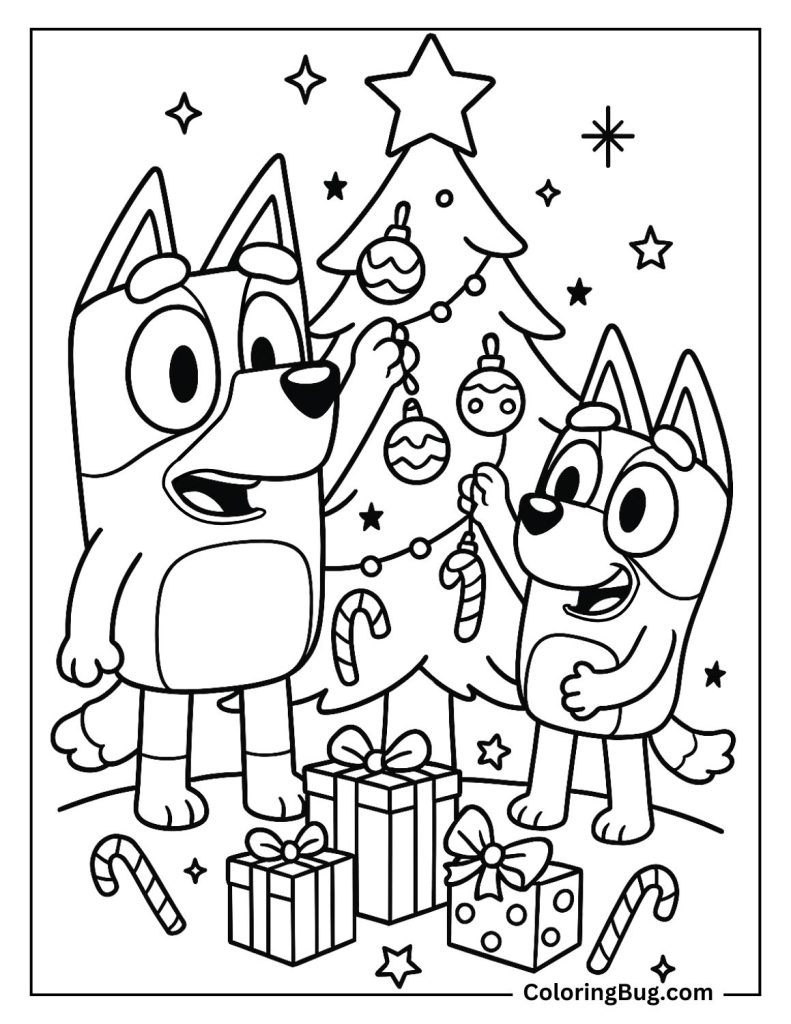 Bluey and Bingo Decorating a Tree Coloring Page