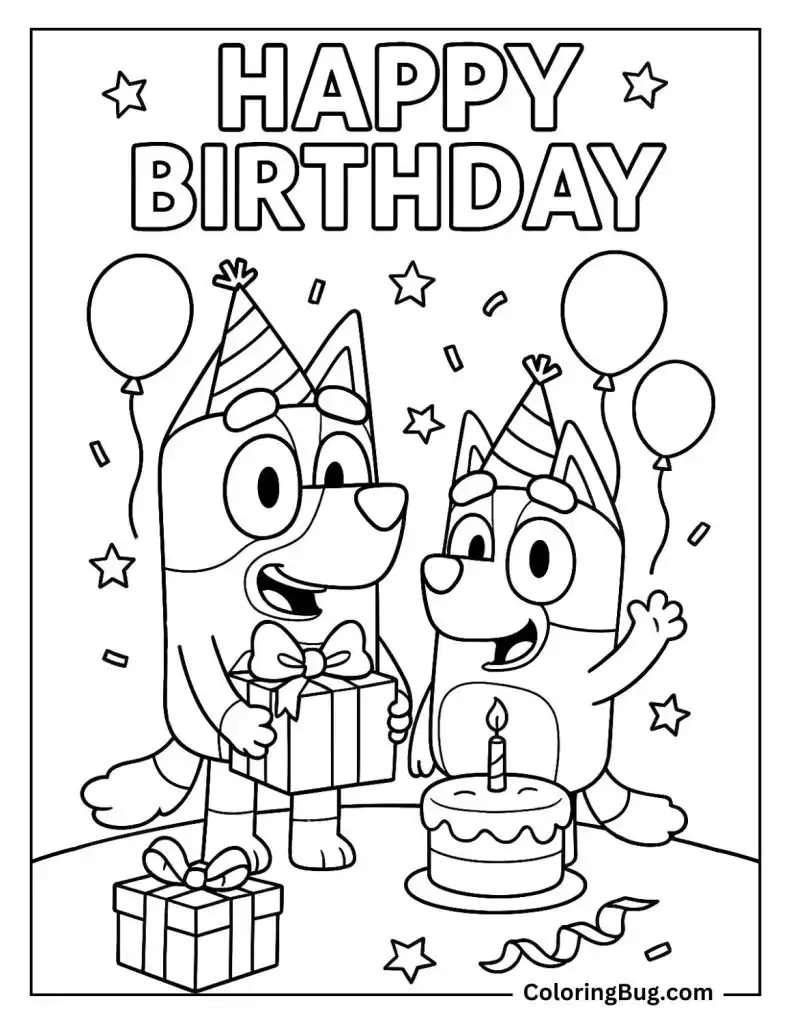 Bluey and Bingo Happy Birthday Coloring Page