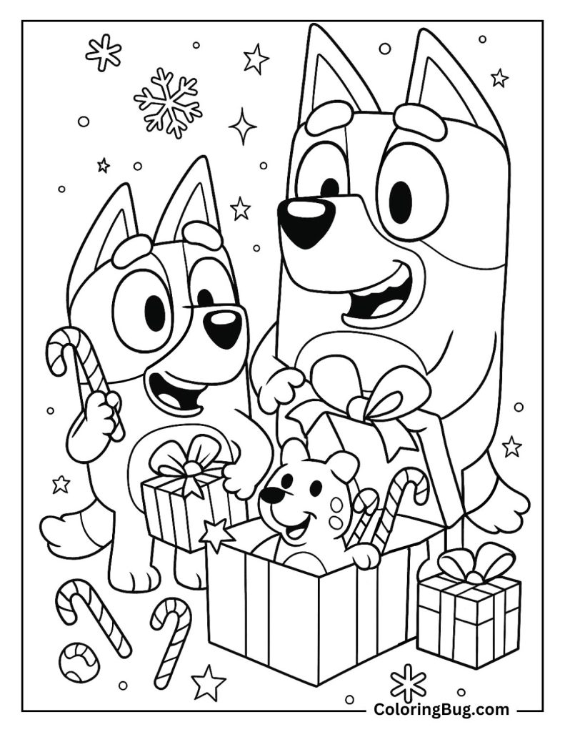 Bluey and Bingo Opening Presents Coloring Page