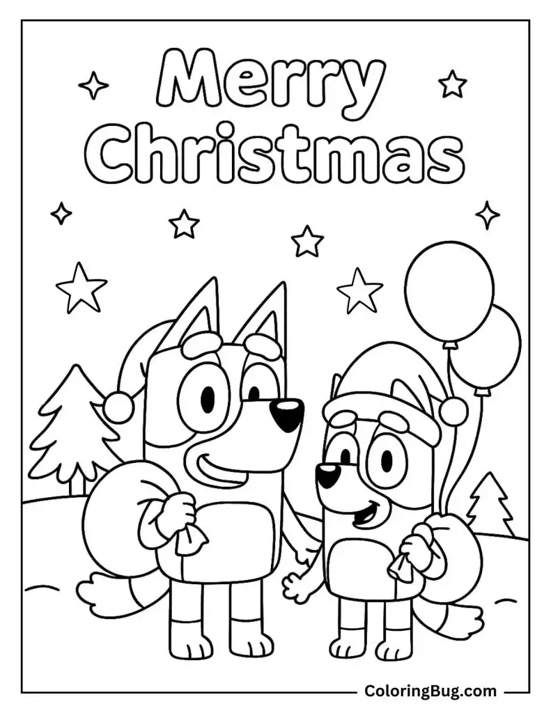 Bluey and Bingo With Sacks of Presents Coloring Page