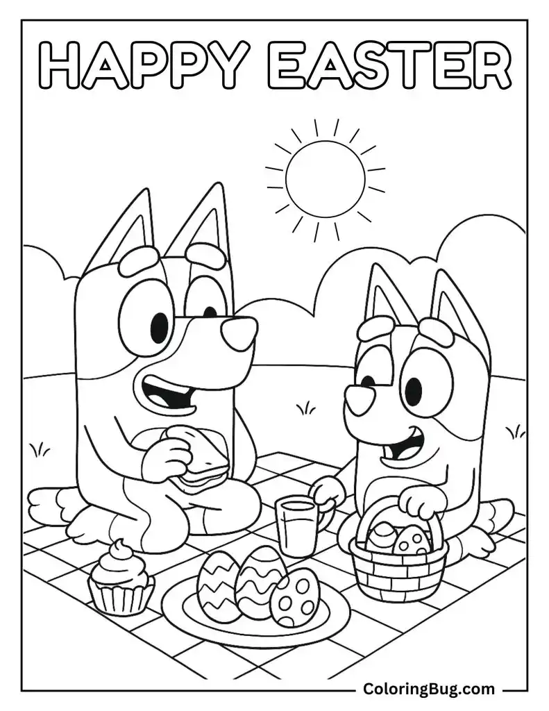 Bluey and Bingo on an Easter Picnic Coloring Page