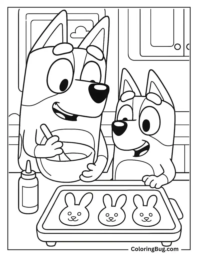 Bluey and Chilli Making Easter Bunny Pancakes Coloring Page
