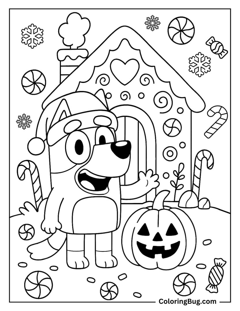 40 Bluey Christmas Coloring Pages - Bluey And Gingerbread House Coloring Page 834x1080 