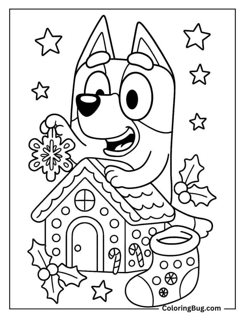 Bluey and Her Christmas Gingerbread House Coloring Page