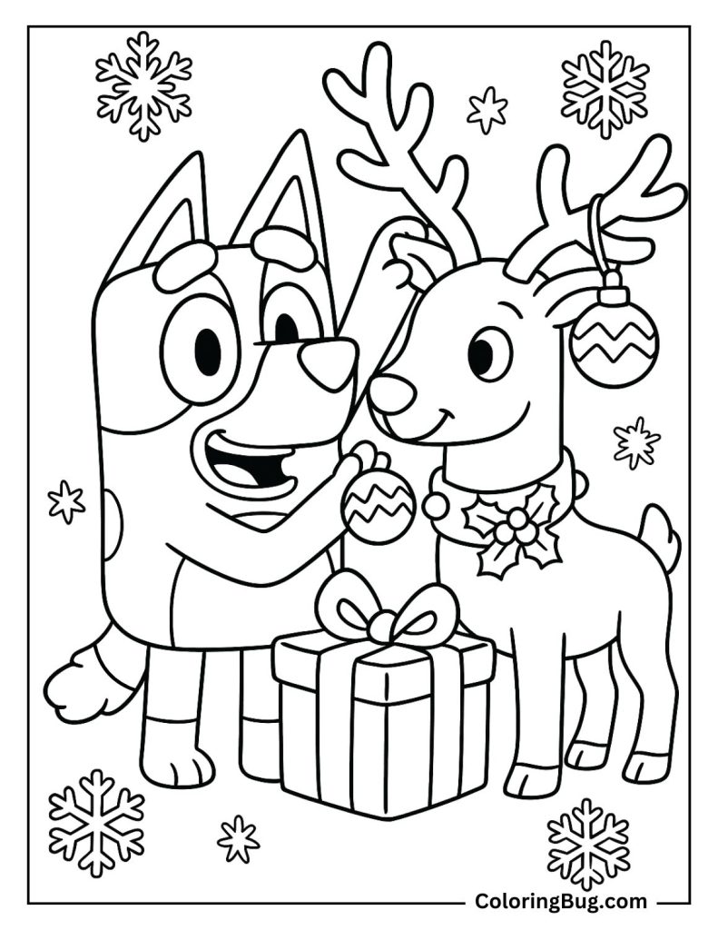 Bluey and a Cute Reindeer Coloring Page