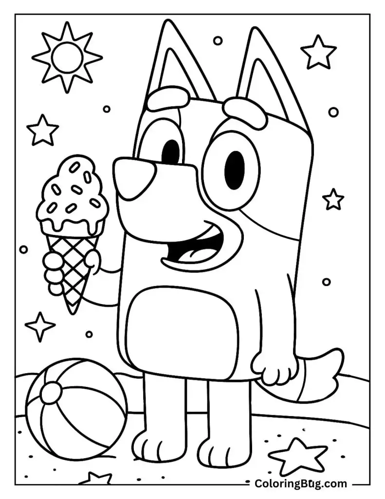 Bluey on a Beach in Summer Coloring Page