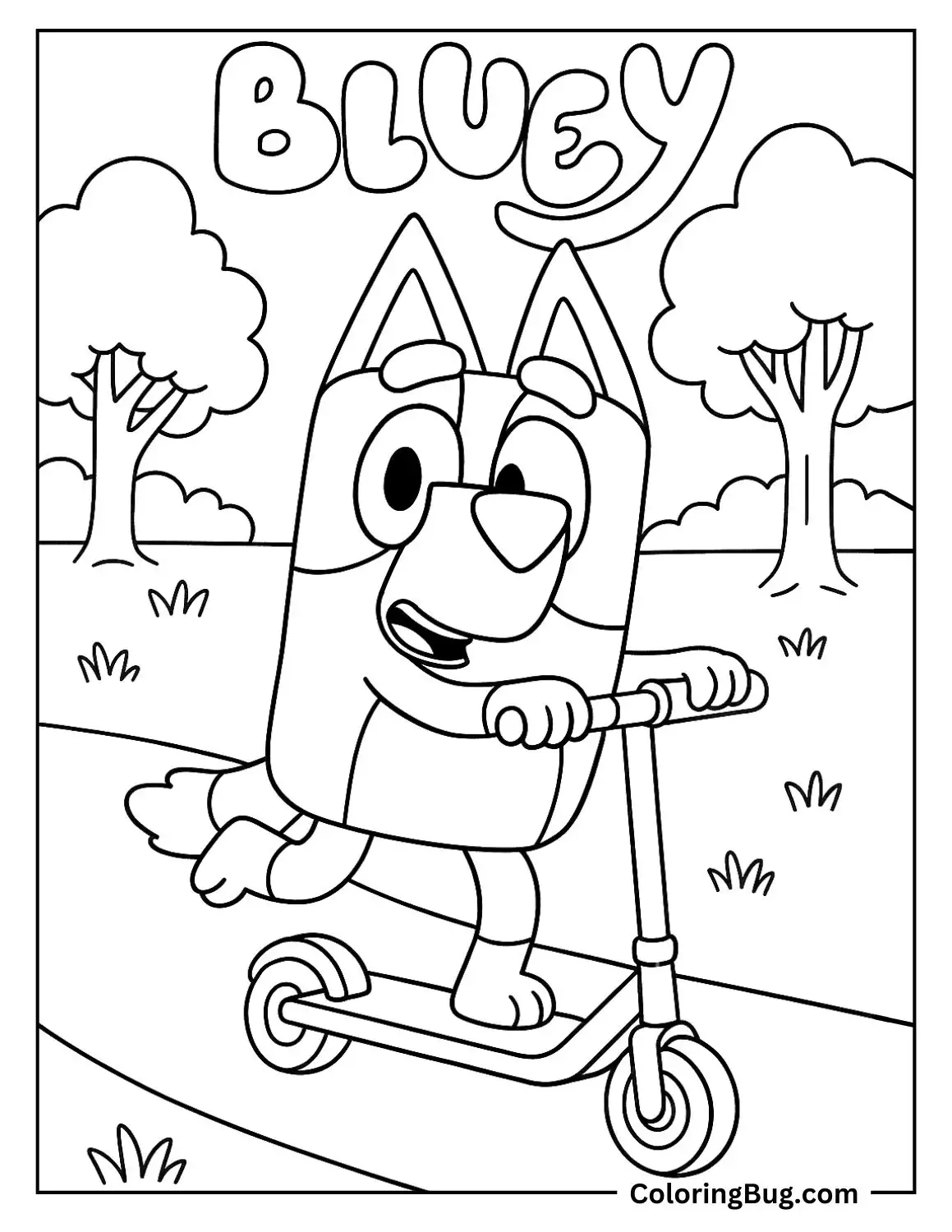 Bluey on a Scooter Coloring Page