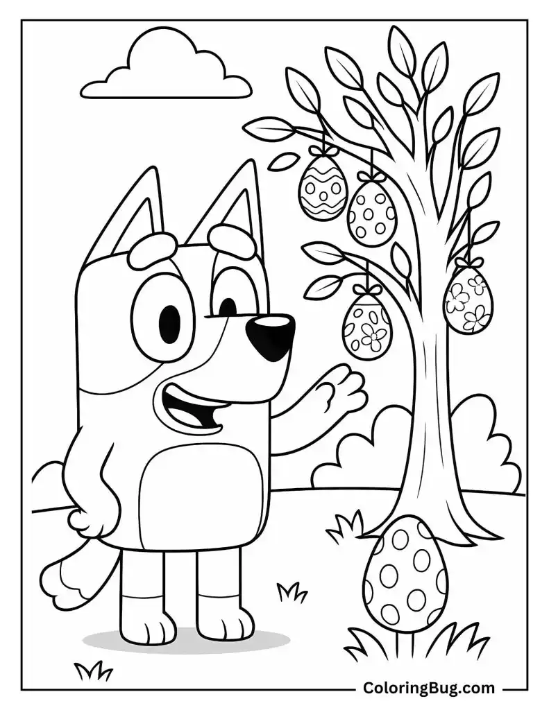 20 Bluey Easter Coloring Pages - Bluey With Easter Eggs Hanging From A Tree Coloring Page 791x1024 .webp