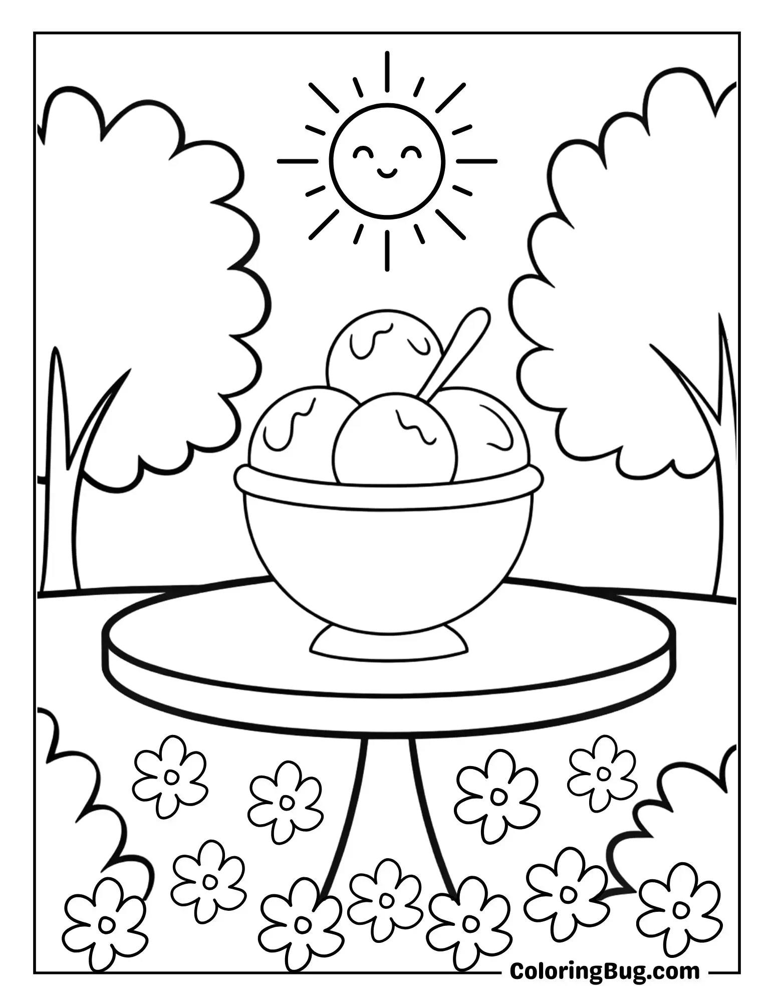 Bowl of Sundae Ice Cream on the Garden Table Coloring Sheet