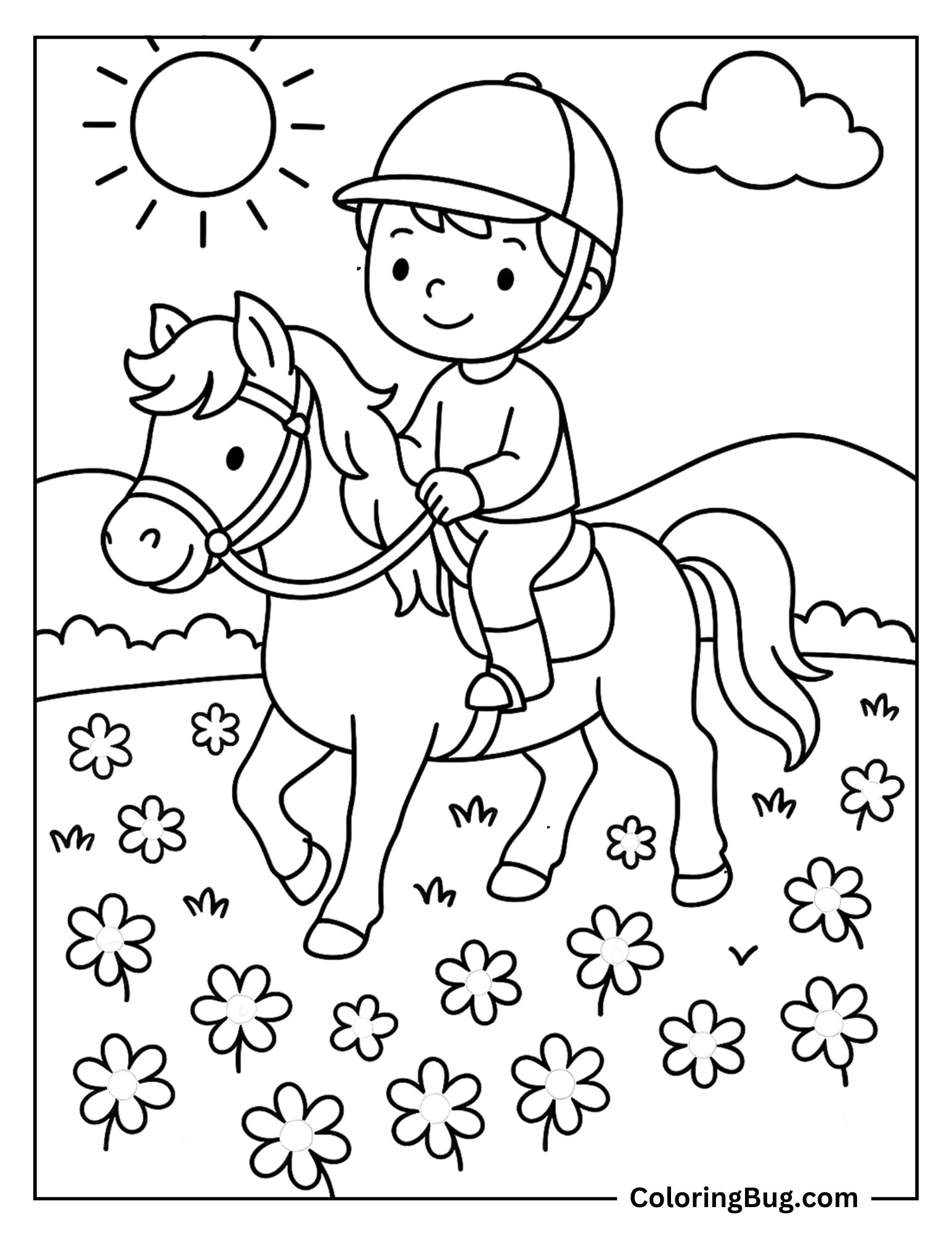 Boy Ridding a Horse Through Flowers Field on Sunny Day Coloring Sheet (1)