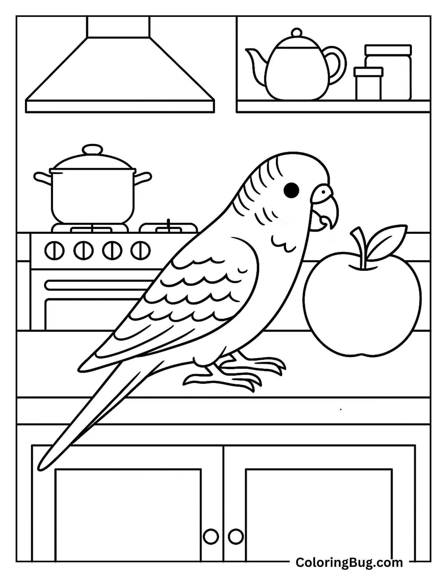 Budgie Nibbling a Fruit in Kitchen Shelf Coloring sheet