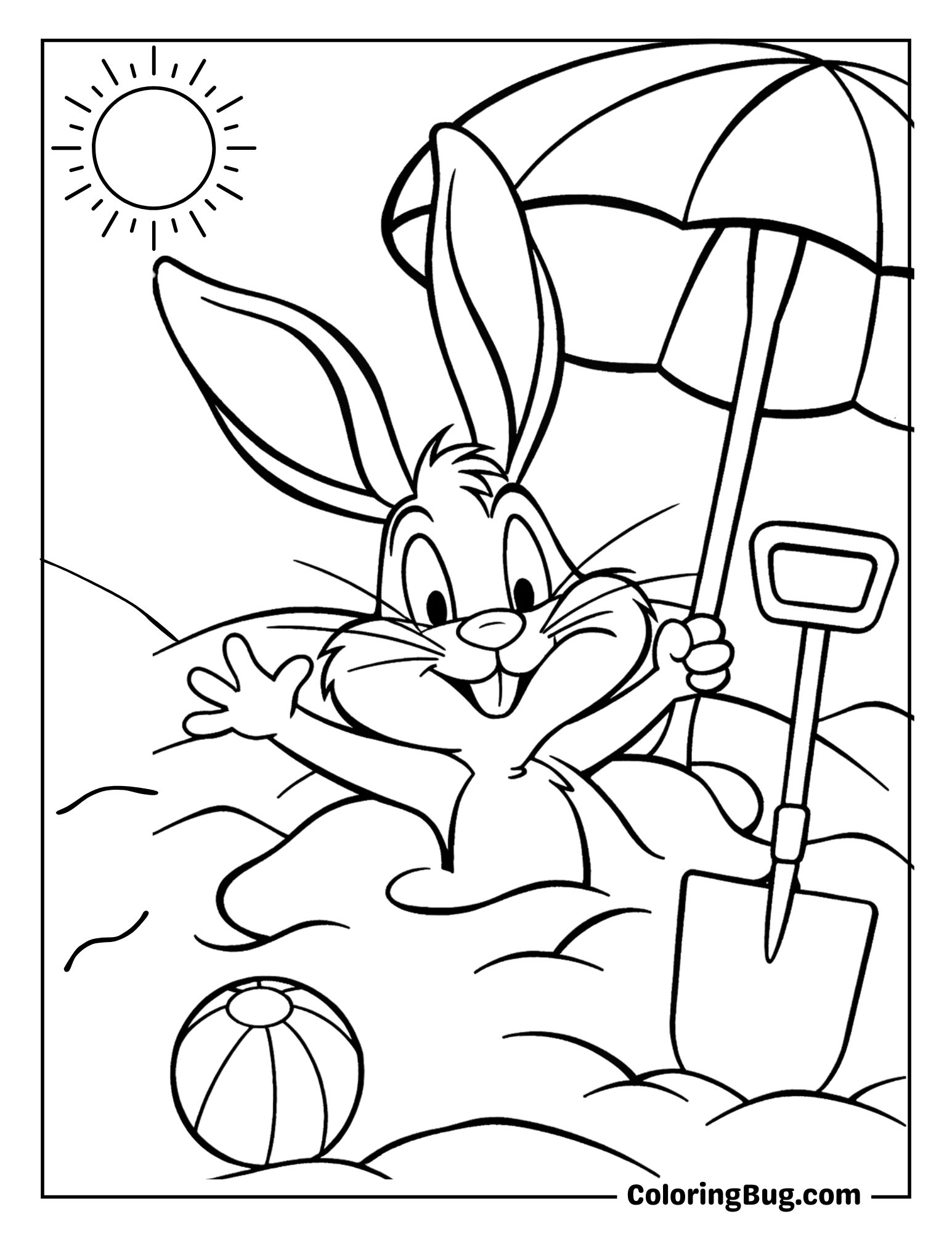 Bugs Bunny Burying Himself in the Sand at the Beach Coloring Sheet