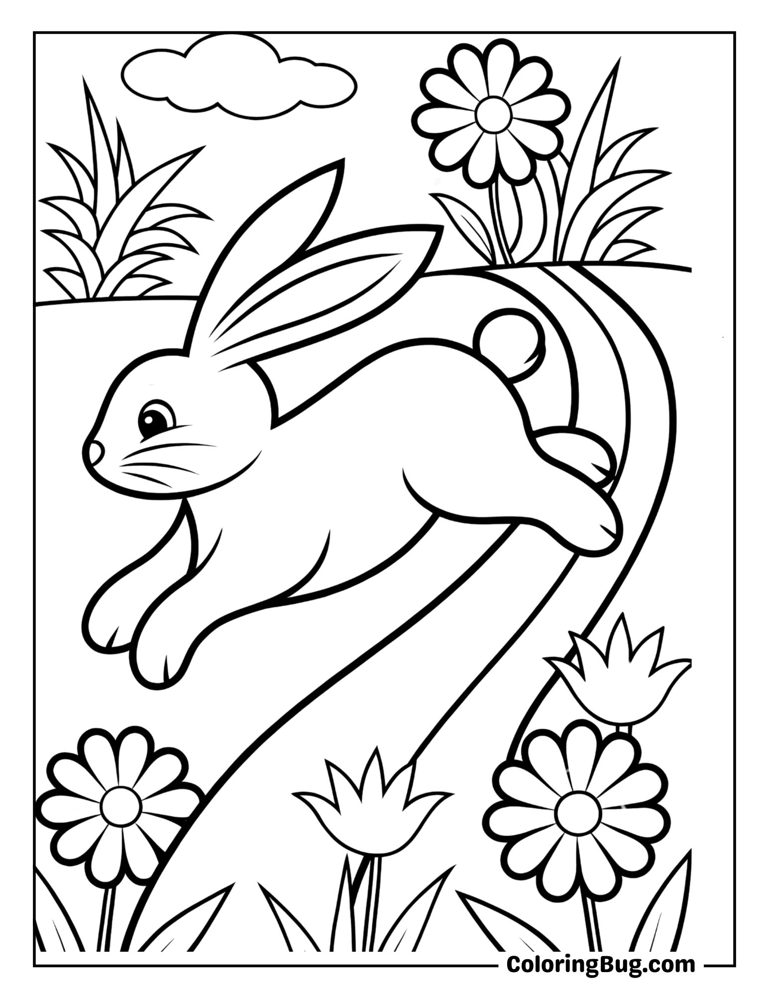 Bunny Hopping Down a Spring Path Coloring Sheet