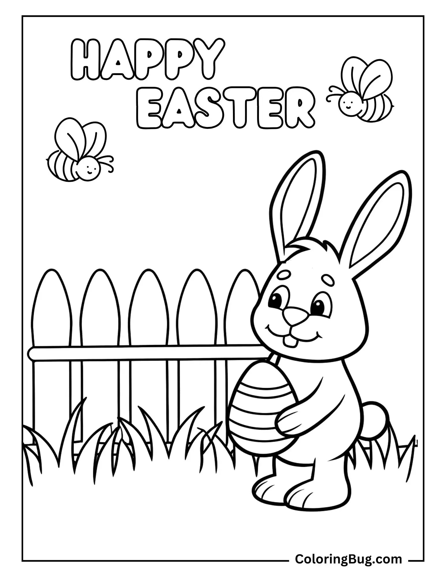 Bunny Standing Near Fence Holding Easter Egg Coloring sheet