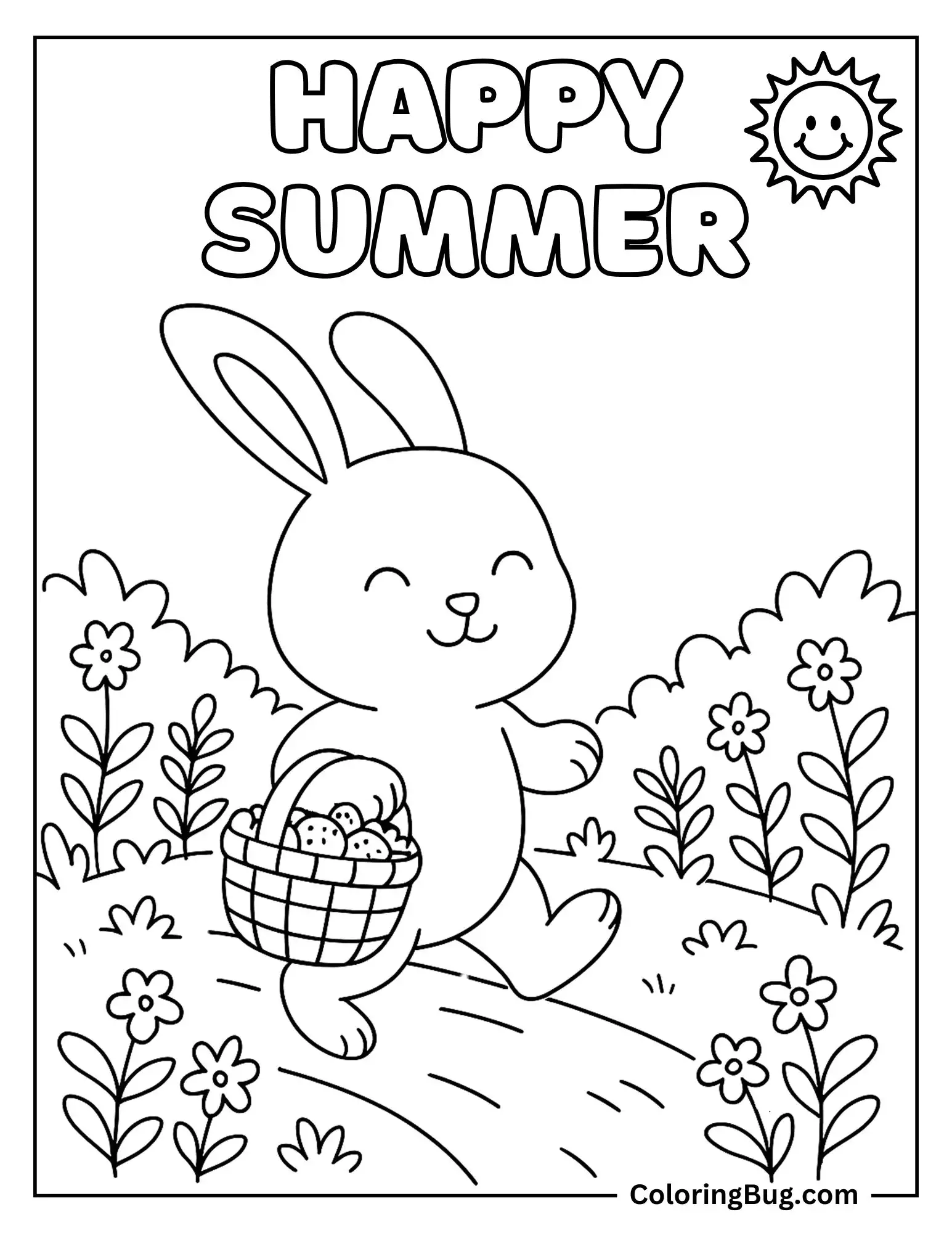 Bunny Walking Through Garden Holding Berries BasketColoring Sheet