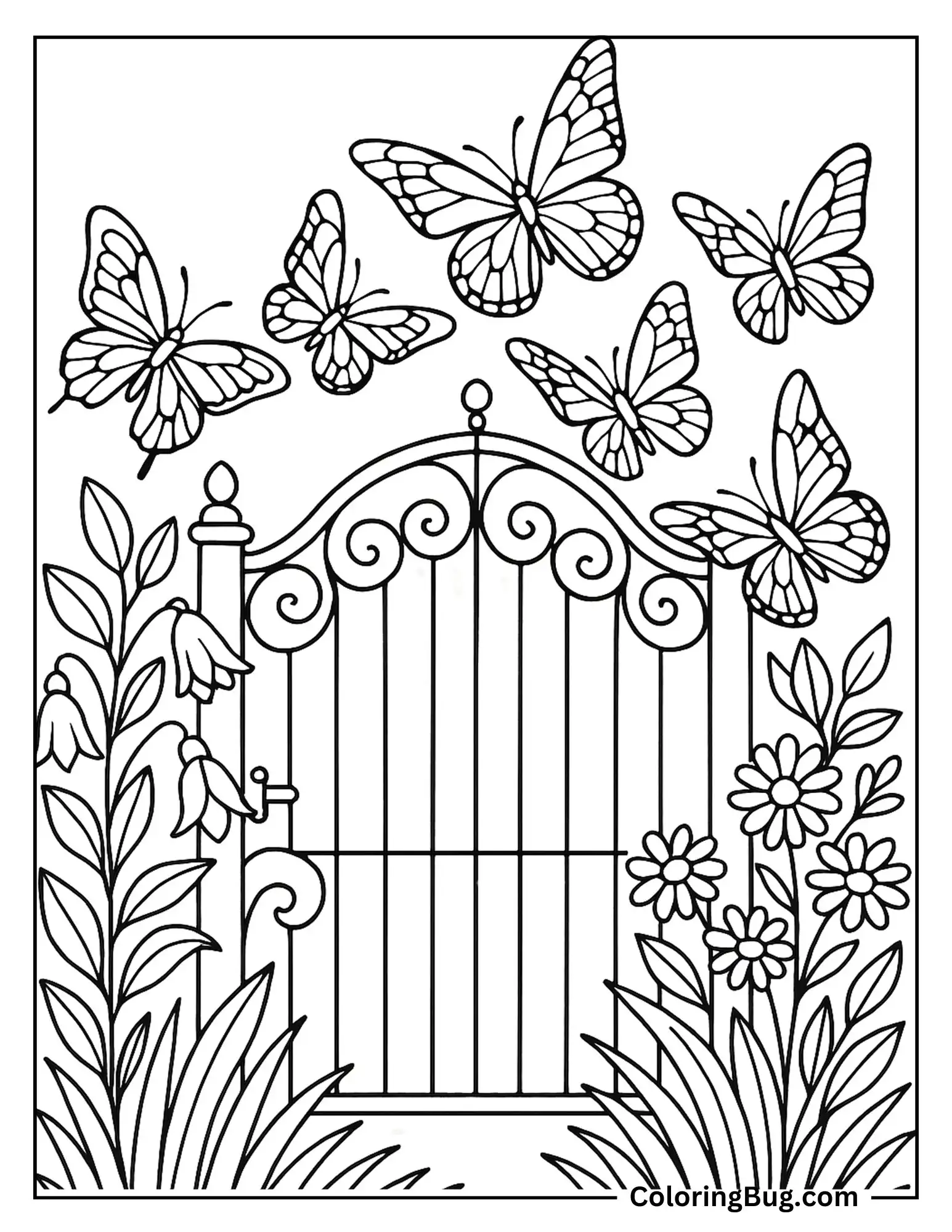 Butterflies Swirling Around a Garden Gate Coloring sheet